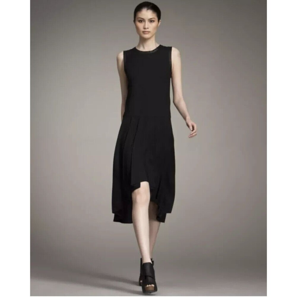 Alexander Wang Dress Sz 4 Black Grunge Modern Pleated Edgy Leather Trim